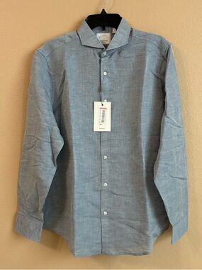 Baird McNutt New Size L Slim Fit Blue Murano Linen Blend Button Down Shirt